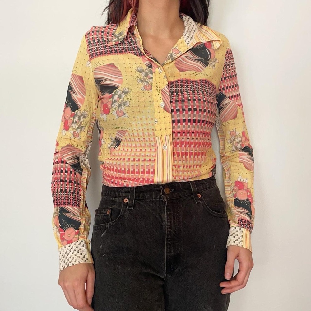 Yellow & Pink Printed Long-Sleeve Button-Up Top
